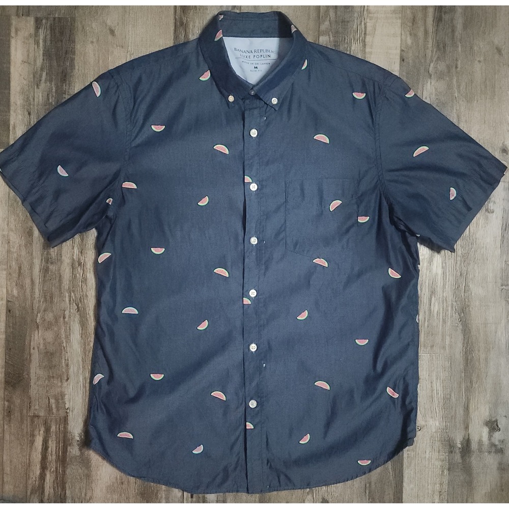 Banana Republic Button Down Mens M Blue Watermelon Print Luxe Poplin Slim Fit
